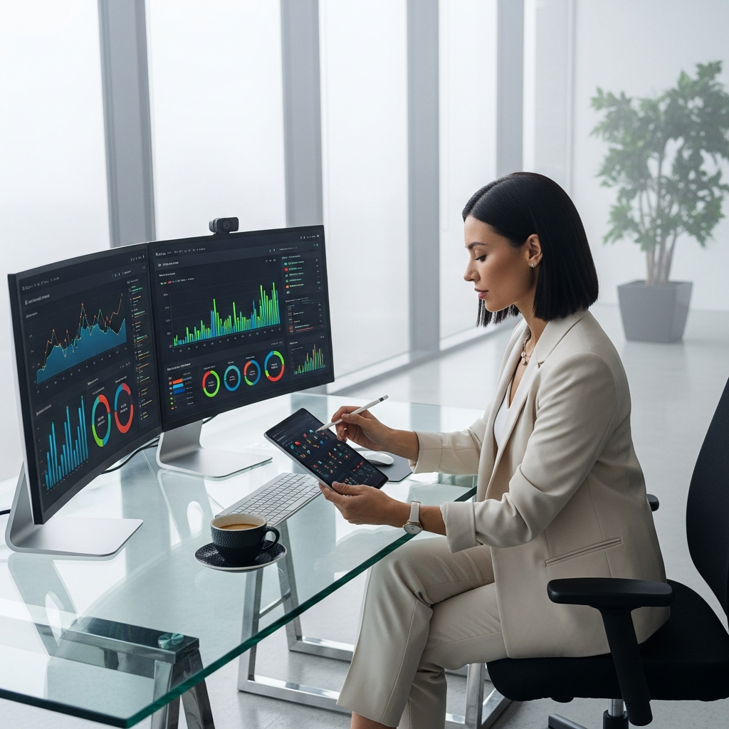 Directrice marketing utilisant plateforme web haute performance
